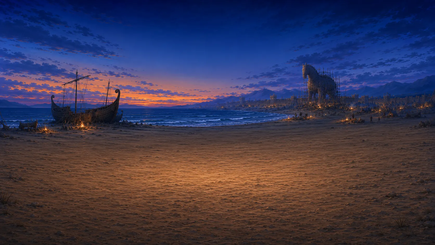 A moonlit Achaean beach camp outside Troy with ships and a wooden horse under construction