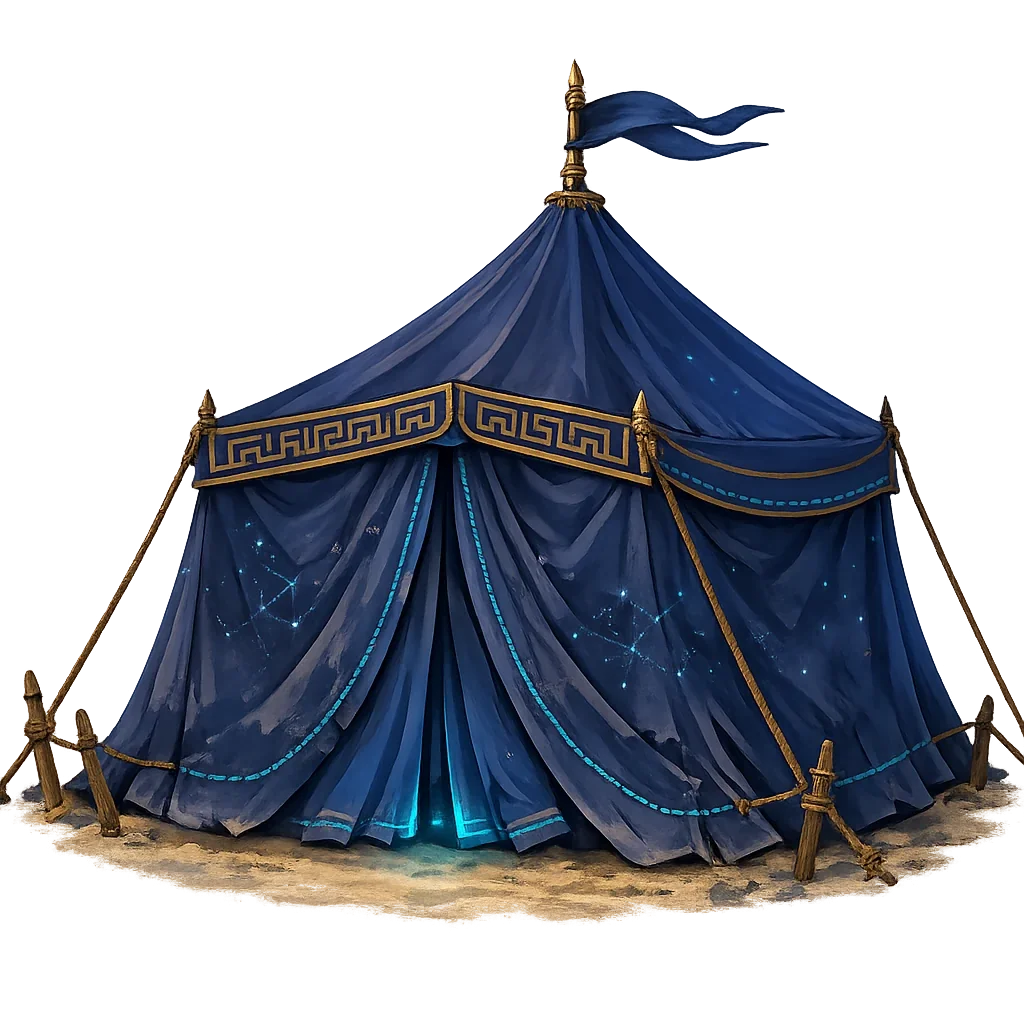 Closed dark blue magical Achaean campaign tent