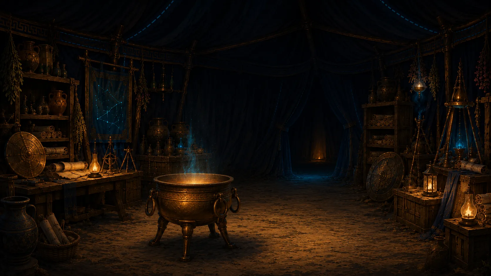 Interior of a magical Bronze Age scholar's tent with a bronze cauldron