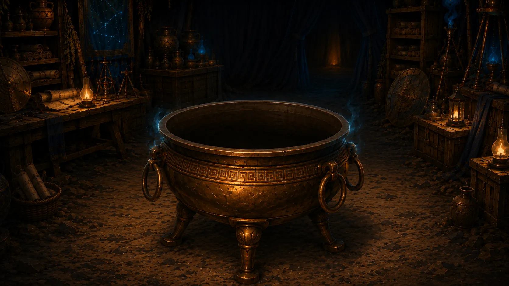 Close view of an empty bronze cauldron inside the wizard's tent