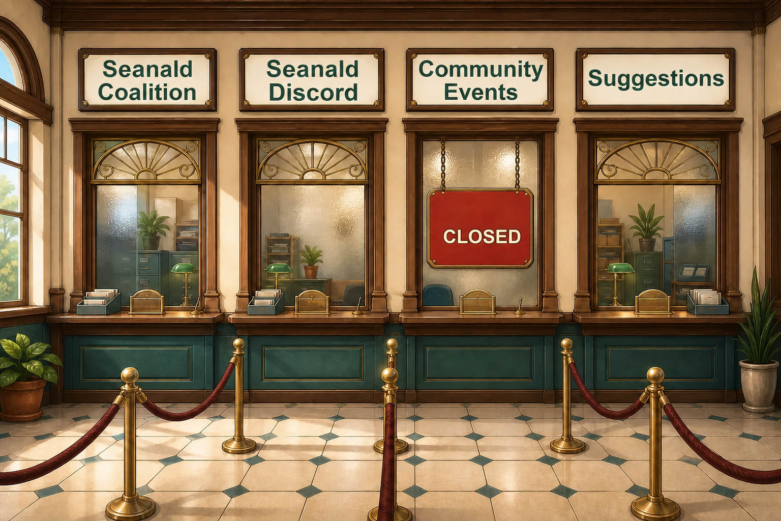 First-person Town Hall civic lobby with teller windows labelled Seanald Coalition, Seanald Discord, Community Events, and Suggestions. Community Events is closed.