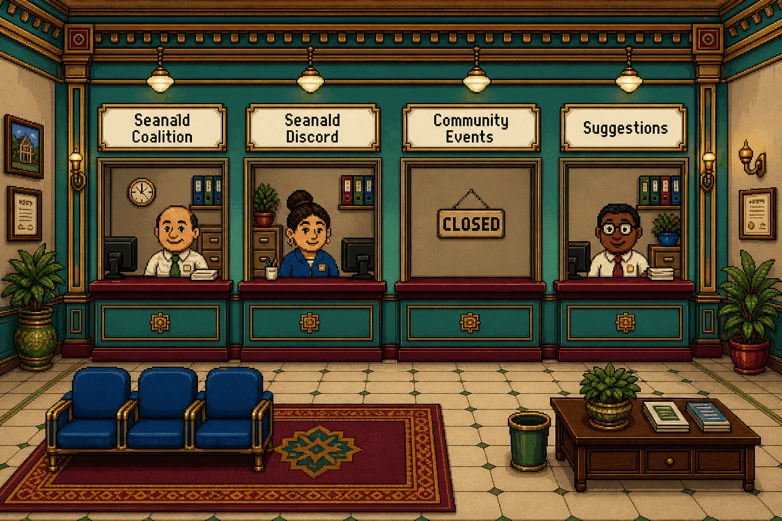 Flat late-1990s pixel-art Town Hall with staffed teller windows signed Seanald Coalition, Seanald Discord, and Suggestions, plus an empty Community Events window displaying a CLOSED plaque.