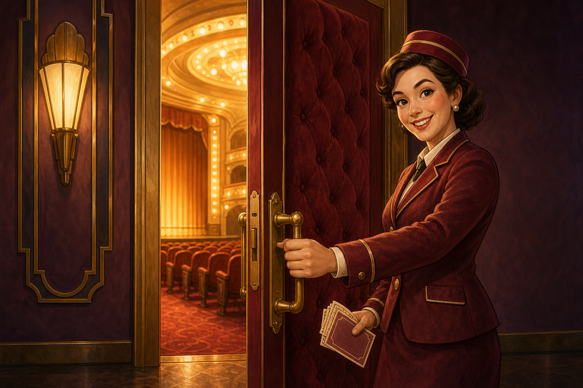A theater usher holding the auditorium door open toward the visitor, with warm light and seats inside.