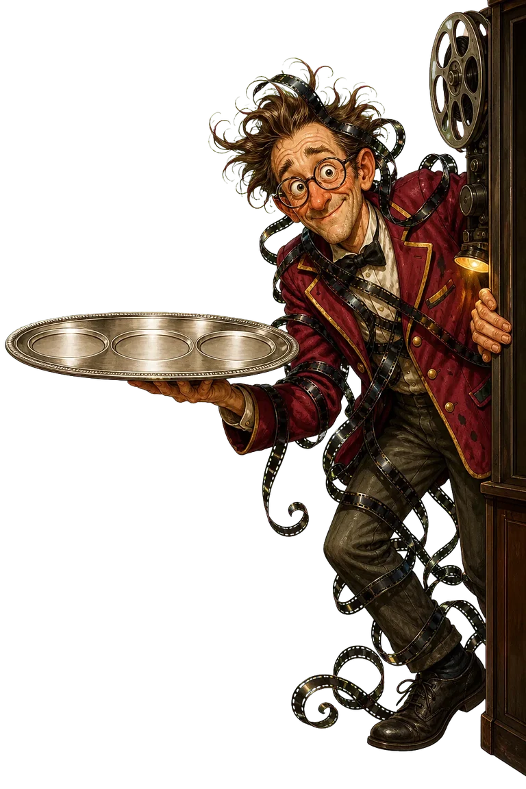 A frazzled projectionist tangled in film enters from the right with a silver tray.