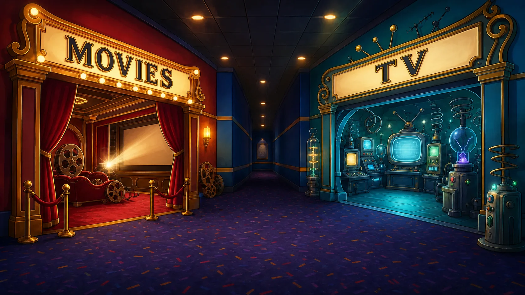 A hallway with a Movies cinema room on the left and a TV laboratory room on the right.