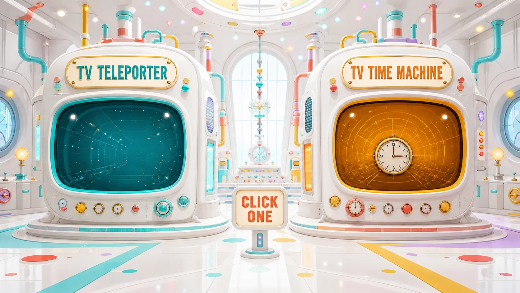 A bright retro-futurist television laboratory with a TV Teleporter, a TV Time Machine, and a central Click One sign.